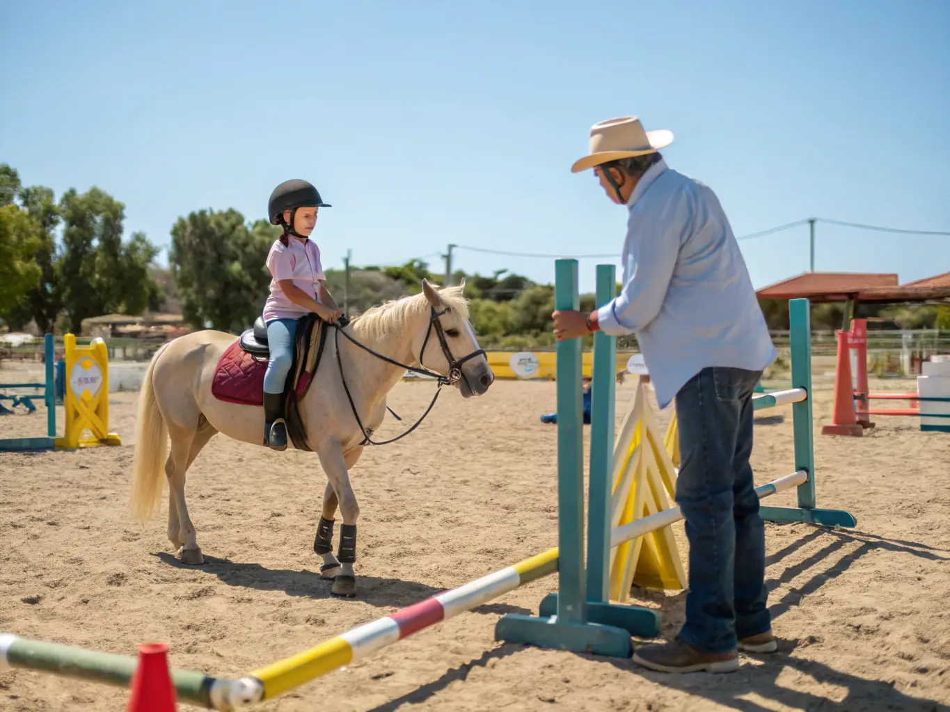 A trainer guiding a young rider through a riding lesson in a lush outdoor arena, with horses and riders in motion, showcasing skill development and engagement.