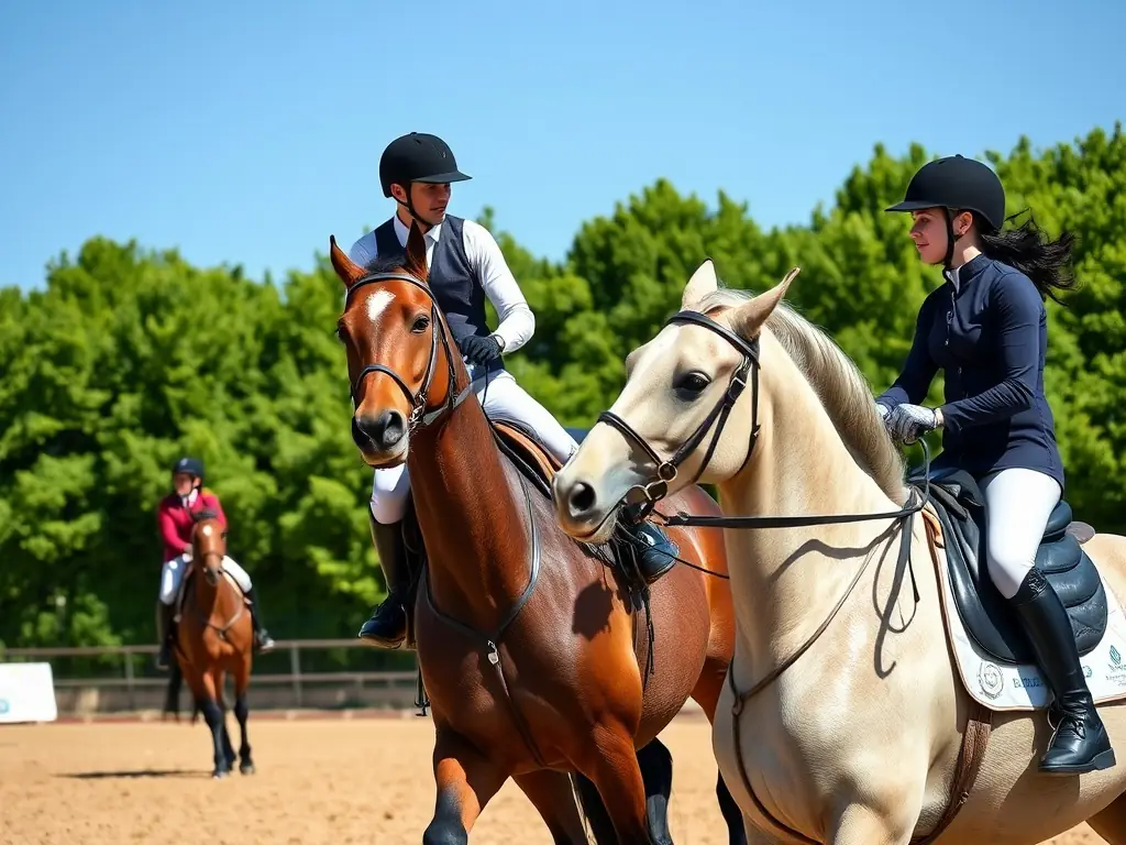 A group of riders participating in a dressage training session in an outdoor arena, with an instructor providing guidance. The horses are well-groomed, and the riders are focused and attentive.