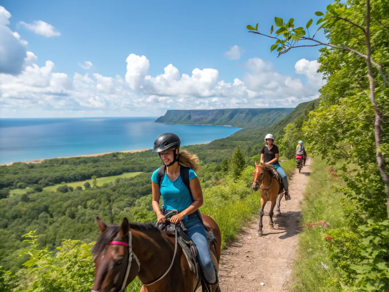 A group of riders participating in a recreational trail ride through a scenic forest, emphasizing the joy of riding and the beauty of nature.