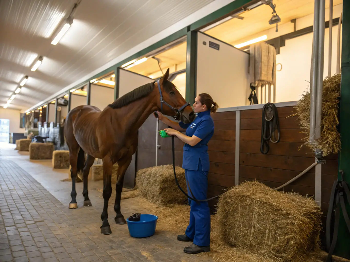 Volunteers caring for horses in a clean and well-maintained stable, emphasizing responsible animal care and ethical treatment.