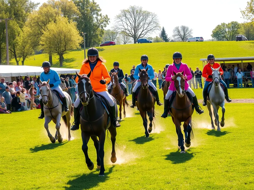 A vibrant scene from an equestrian event, showcasing riders competing in show jumping, with spectators cheering in the background. The atmosphere is lively and competitive.