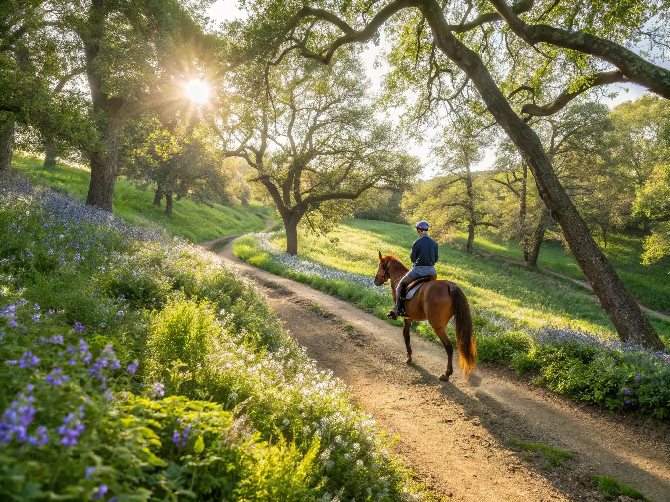 A serene image of riders enjoying a leisurely recreational ride through a scenic countryside trail, with lush greenery and rolling hills in the background. The horses appear relaxed and content.