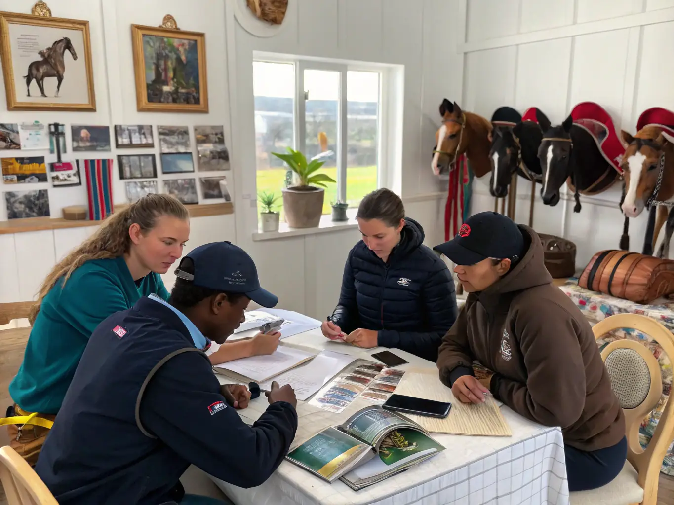 A group of diverse individuals participating in a team-building activity at the stables, showcasing community involvement and camaraderie.